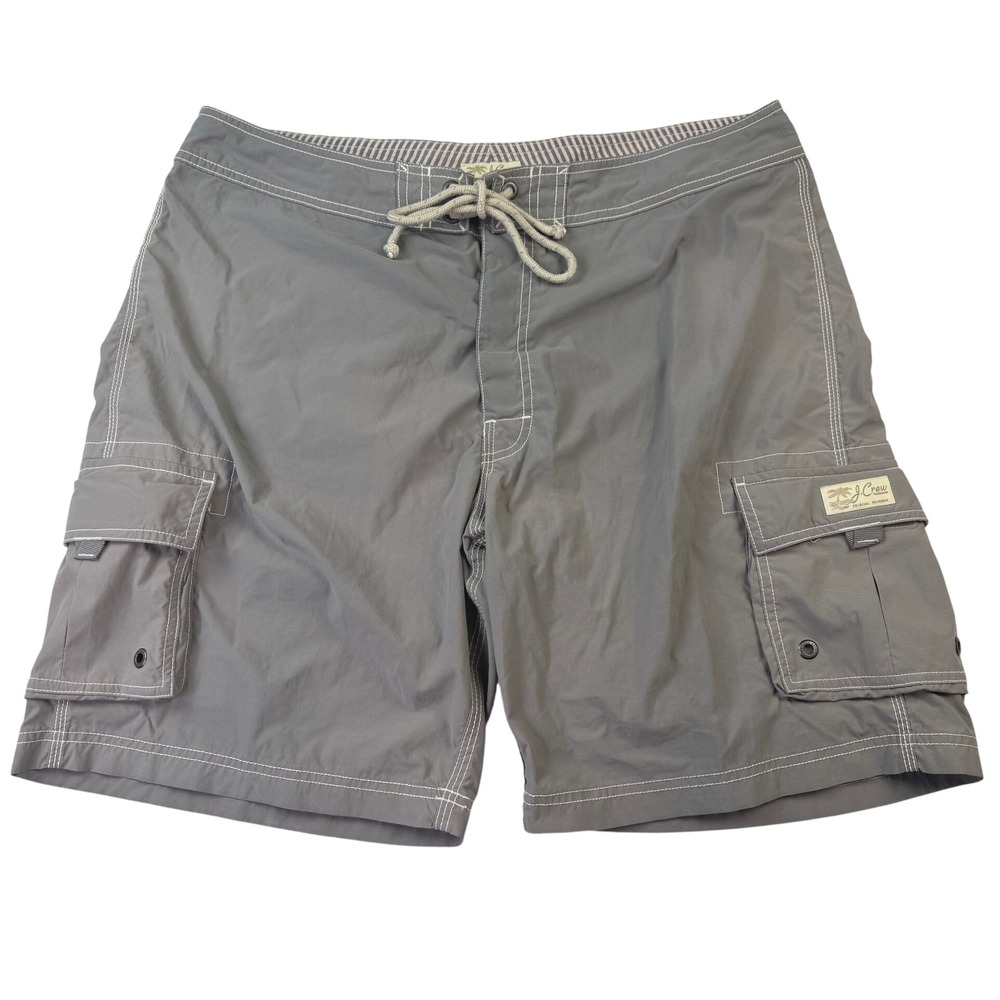 J. Crew Mens Gray Cargo Board Shorts Swim Trunks Size 36 Nylon Drawstring